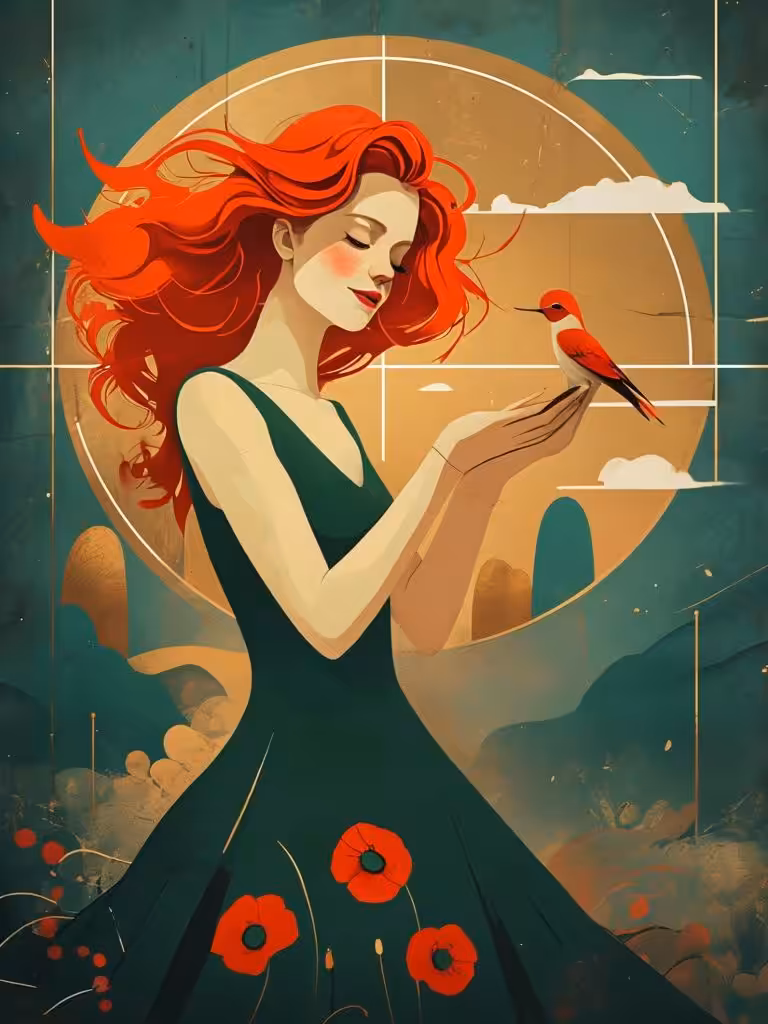 Modern Minimalist Illustration of Woman with Red Hair Holding Bird