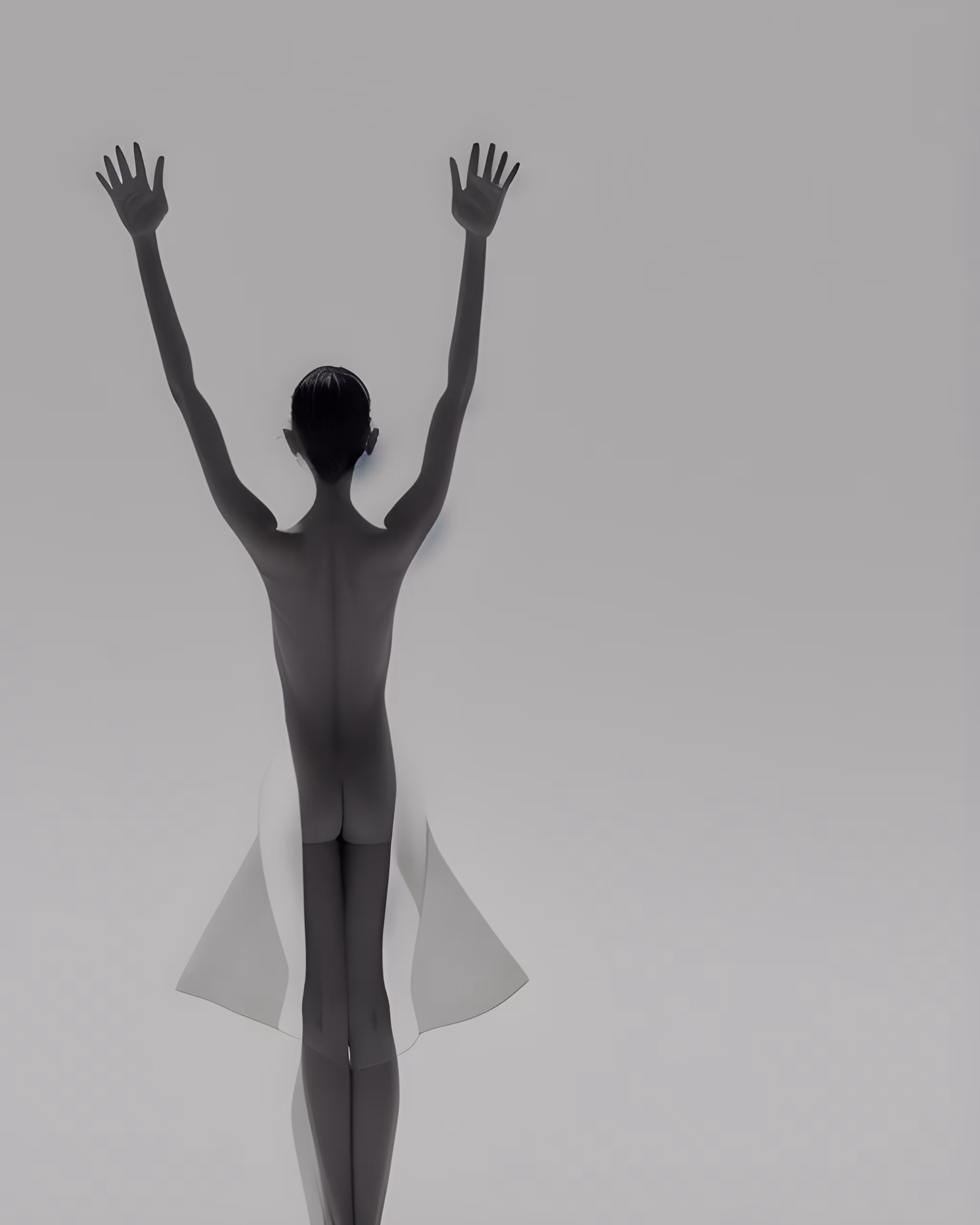 Thin naked woman with hands up