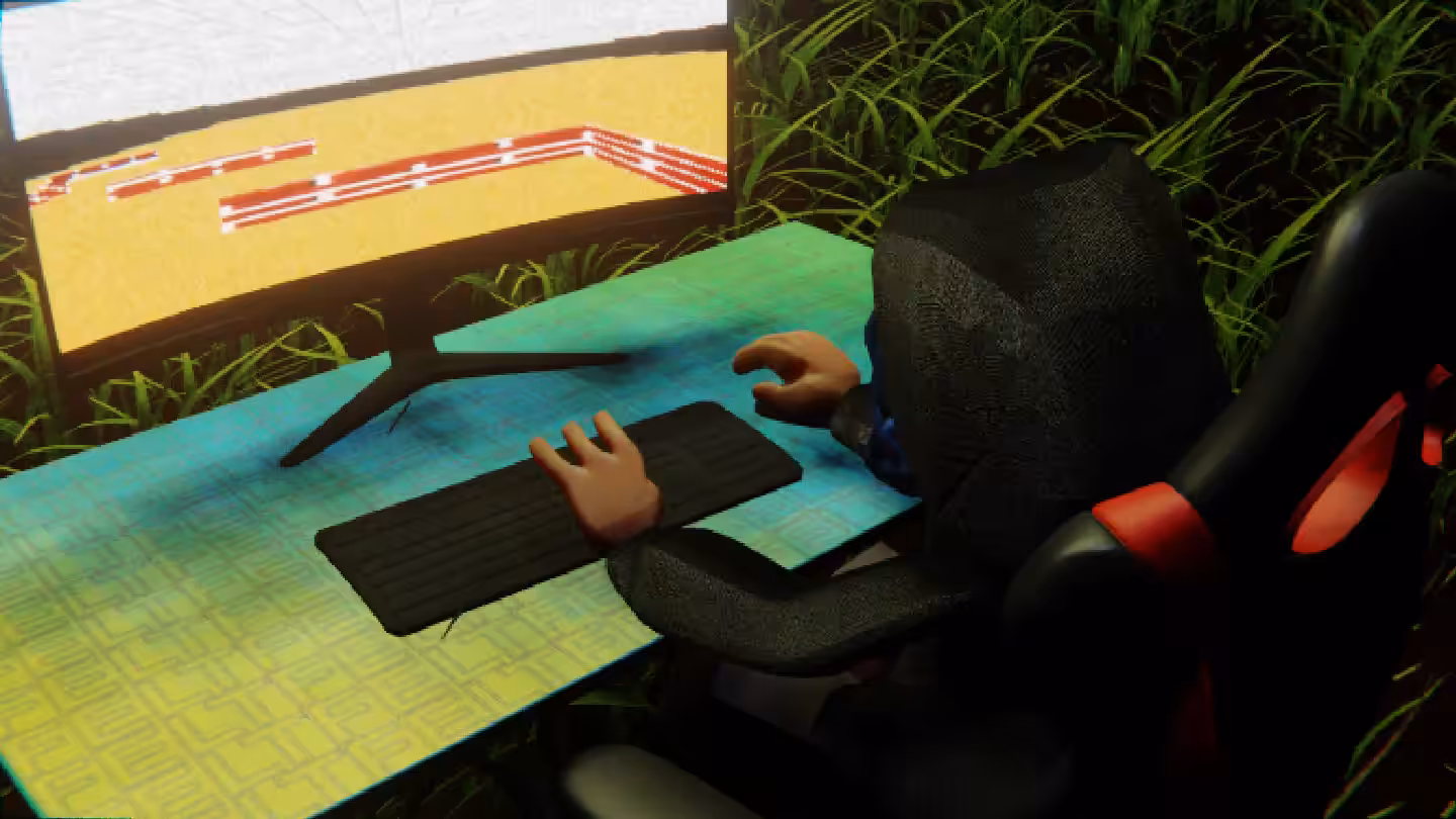 Desktop #186: The Hacker in the Gaming Chair With a Hanging Light and a Maze Monitor on a Green FELT Zine Table in The Forest