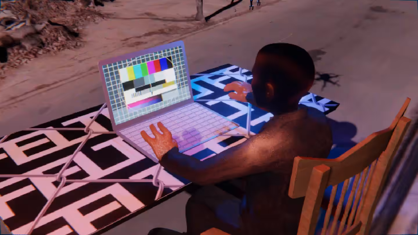 Desktop by Felt Zine: Desktop #230: The Business in the French Wood Chair With a Drone and a Please Stand By Monitor on a Barbed Wire Table in Conflict