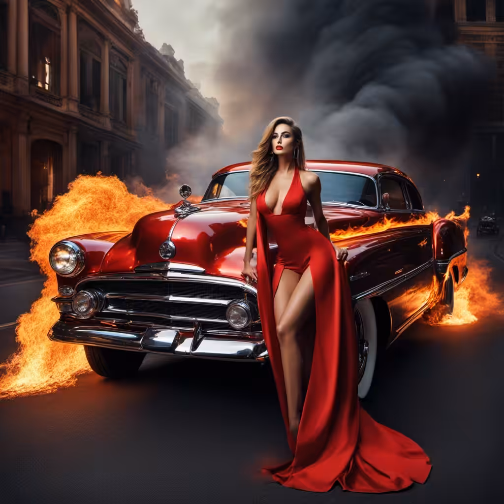 A beautiful woman next to her burnt car