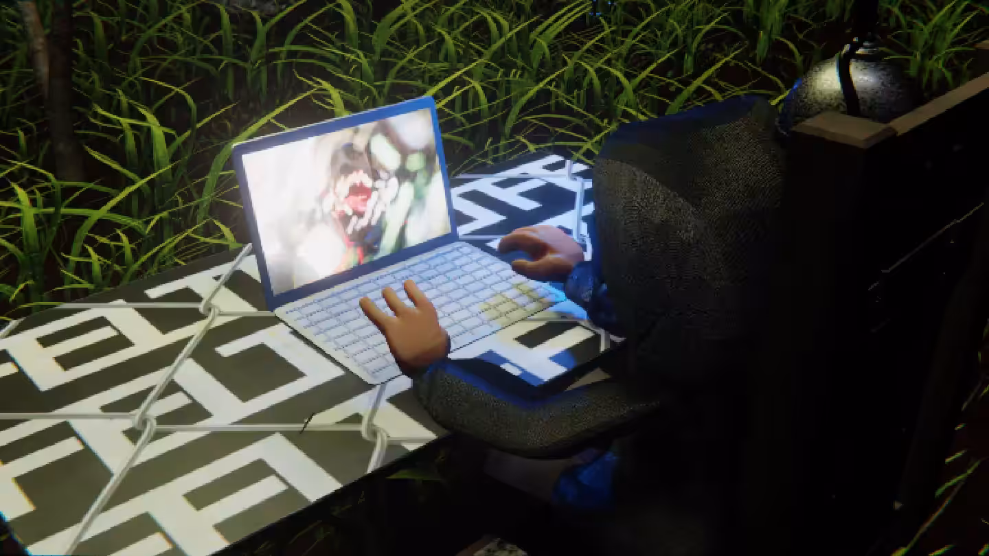 Desktop #311: The Hacker in the Electric Chair With a Drone and a Algo Lite Macbook on a Barbed Wire Table in The Forest