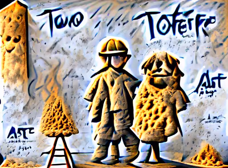 Abraham's First Works: Two Tater Tot Detectives stand above a floor covered with ash sculpture