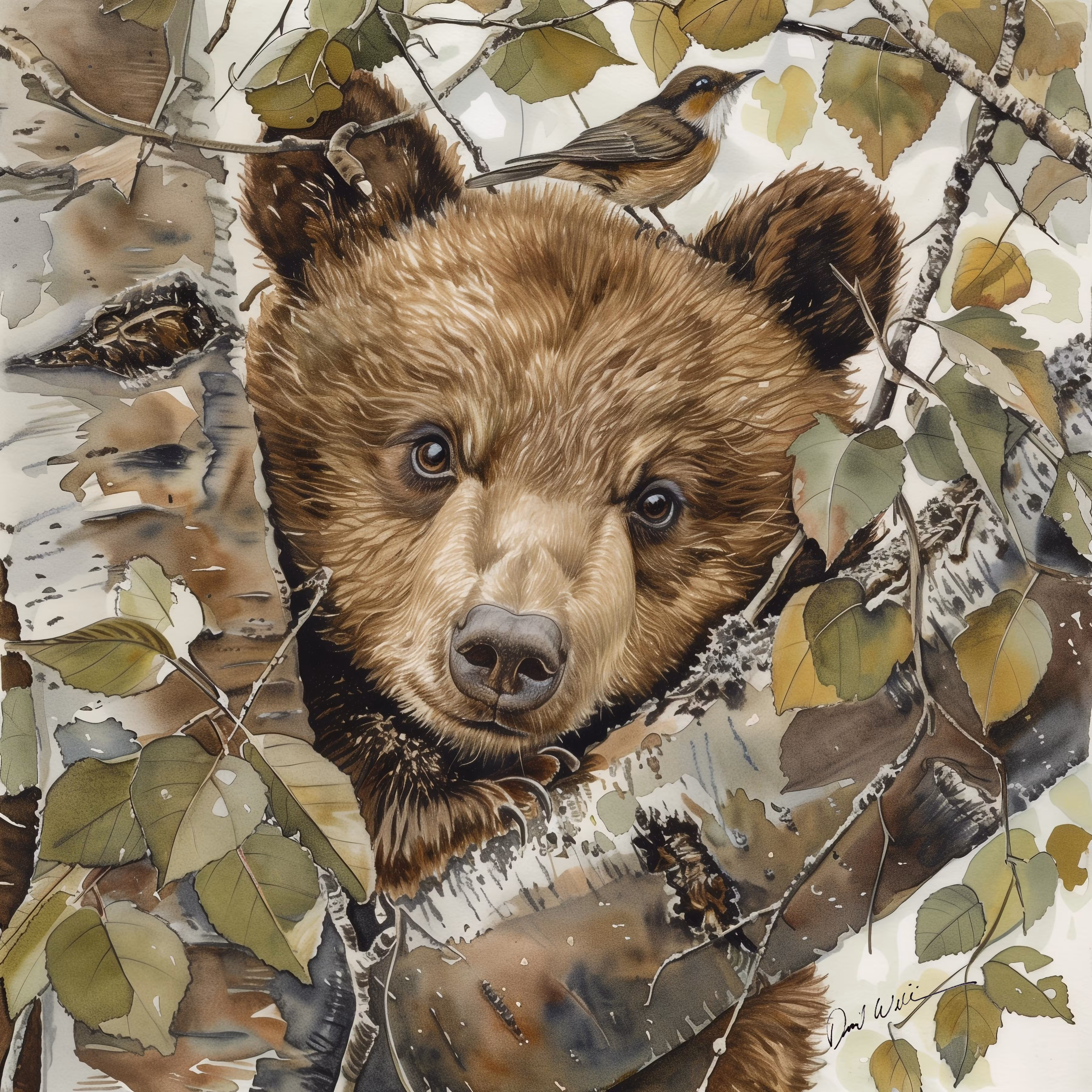 A Bird Perched on a Bear Cub’s Head