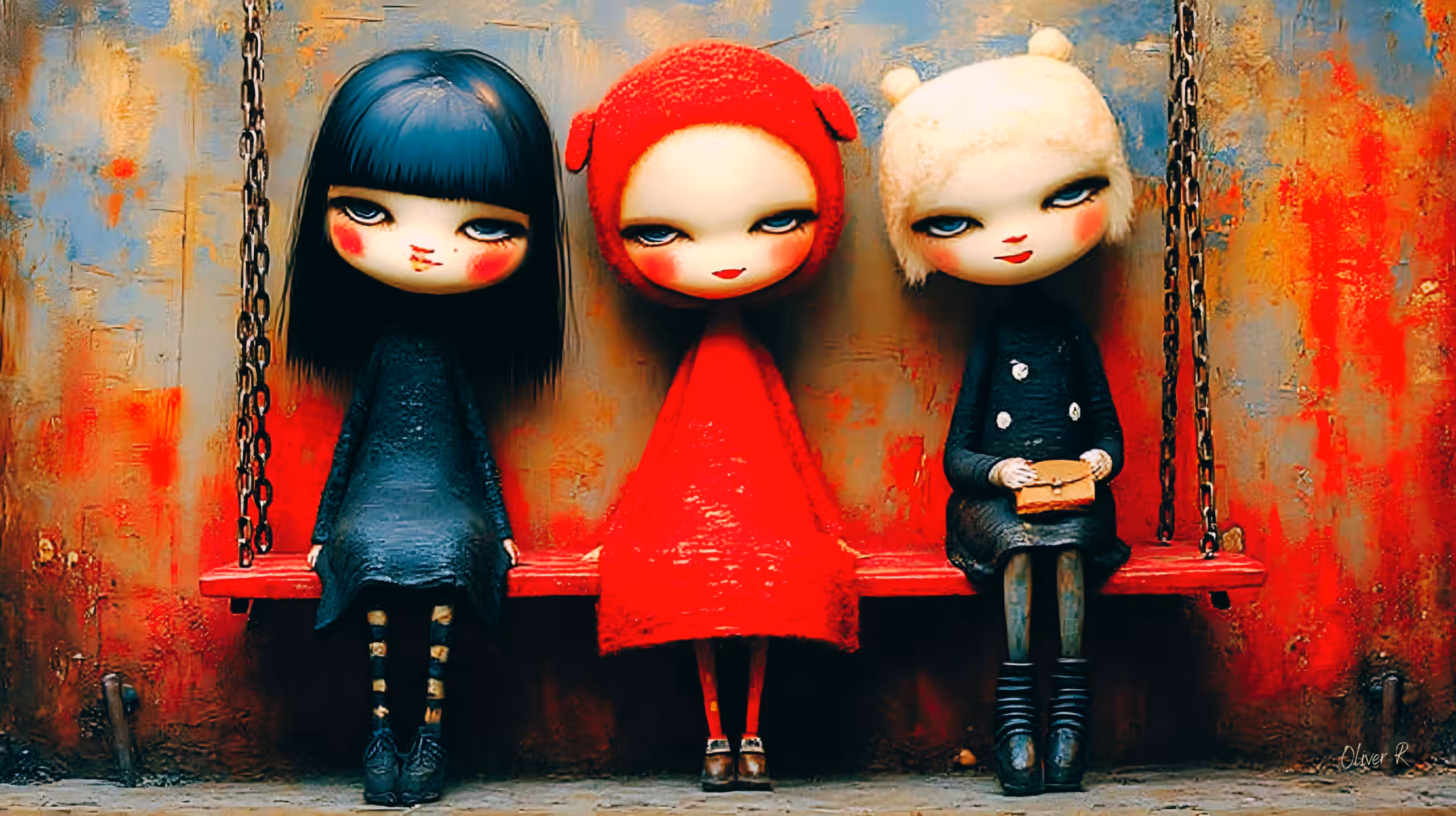  "The dolls on the swing" signed by "Oliver R"