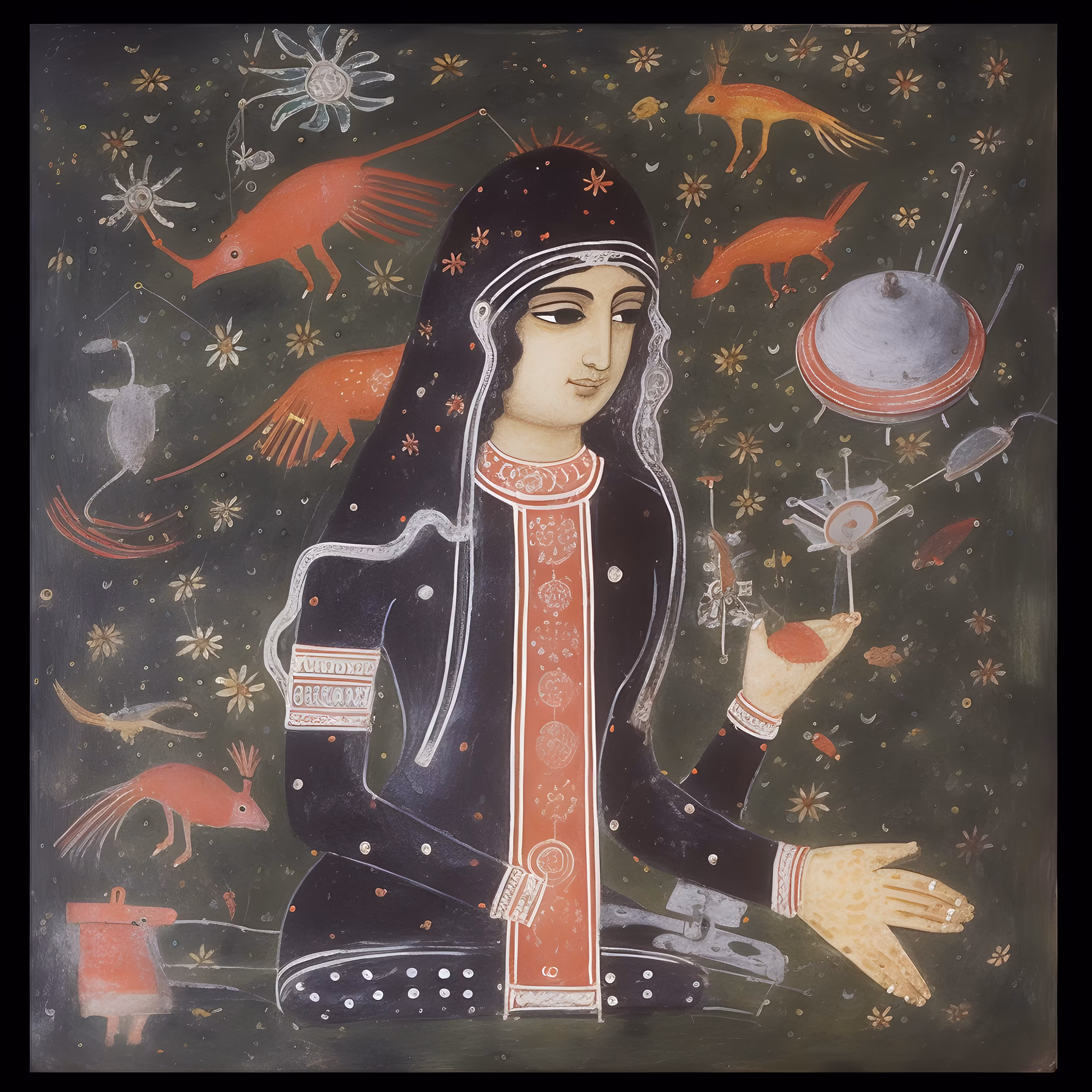 Woman with critters and space module