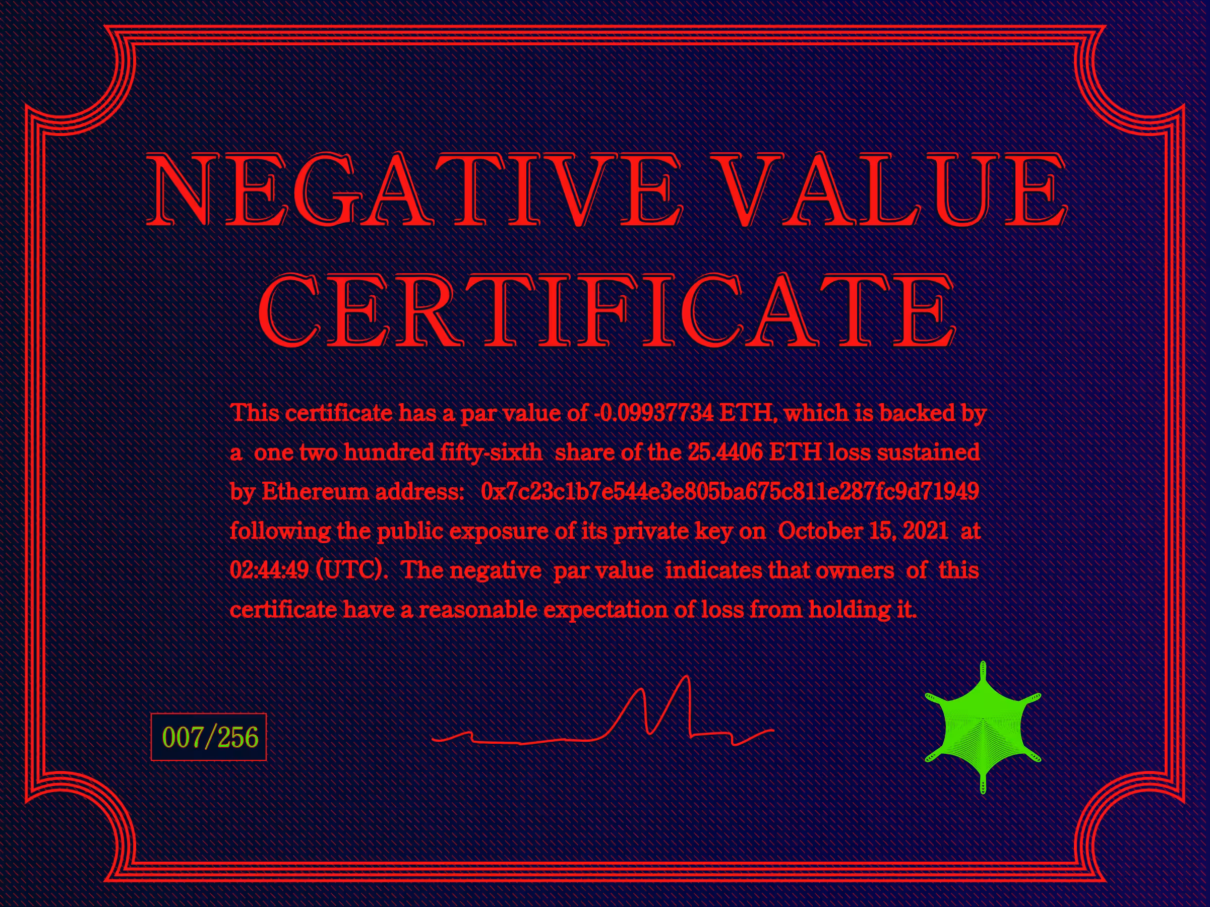 Negative Value Certificate #7 of 256