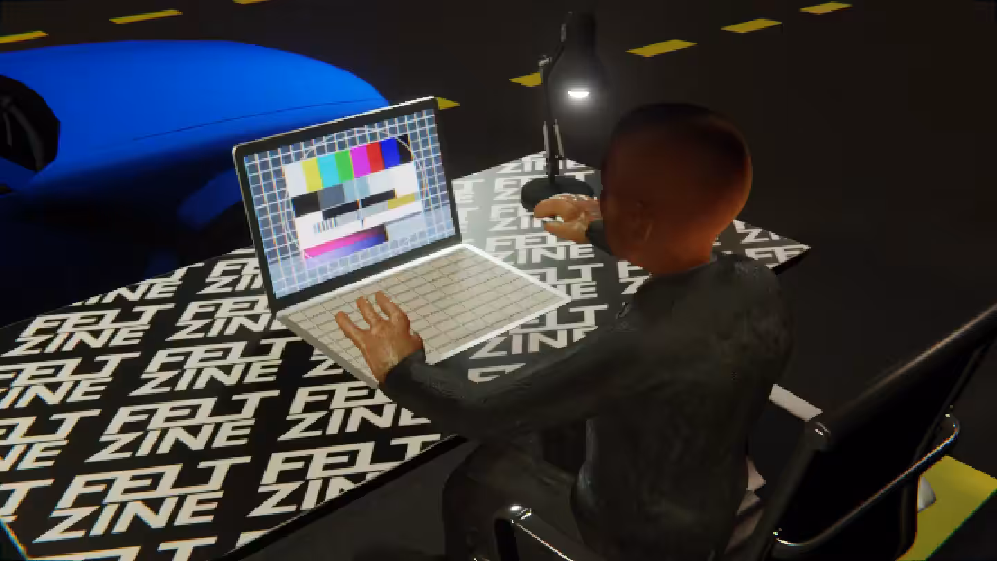 Desktop #298: The Business in the Black Slim Chair With a Desk Lamp and a Please Stand By Monitor on a Felt Zine Table in The Streets